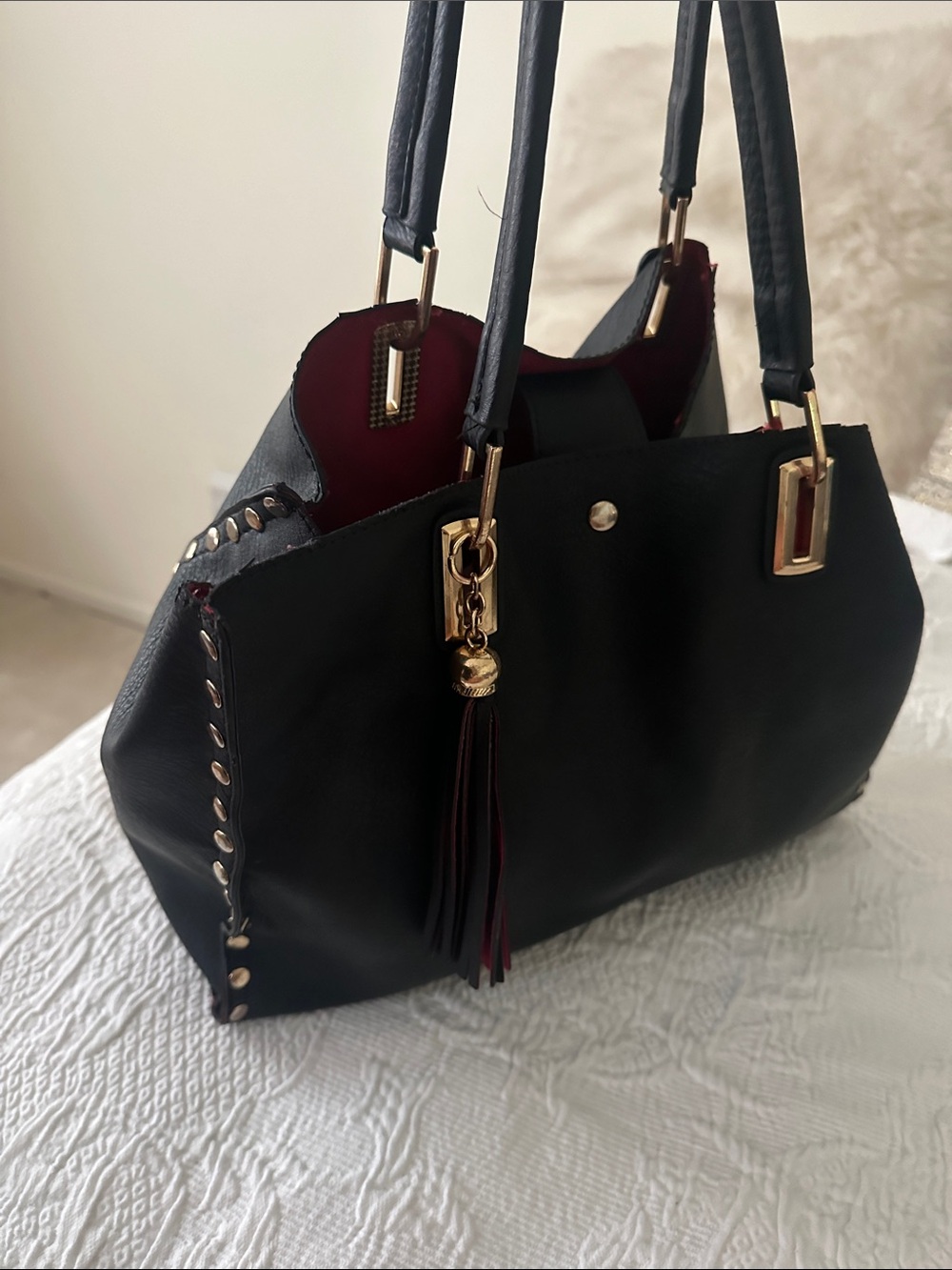 Black & Red Interior Tote Bag with Gold Hardware